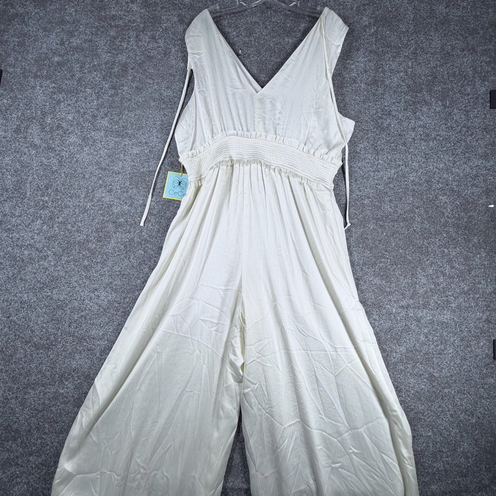 NWT CeCe Plisse Jumpsuit Womens XL White V-Neck Comfort Smocked-Waist Sleeveless - Picture 2 of 16